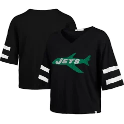 Women New York Jets T-Shirts | Women^Women's '47 Black Double Header Scout Cropped V-Neck T-Shirt