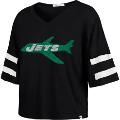 Women New York Jets T-Shirts | Women^Women's '47 Black Double Header Scout Cropped V-Neck T-Shirt