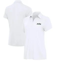Women New York Jets Polos^Women's Antigua White Era V-Neck Polo