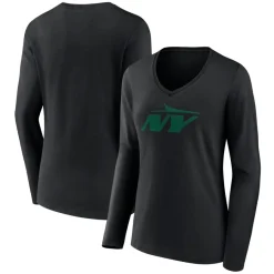 New York Jets Long Sleeved^Women's Black Secondary Logo Long Sleeve V-Neck T-Shirt