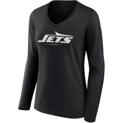 Women New York Jets T-Shirts | Women^Women's Black Logo Team Lockup Long Sleeve V-Neck T-Shirt