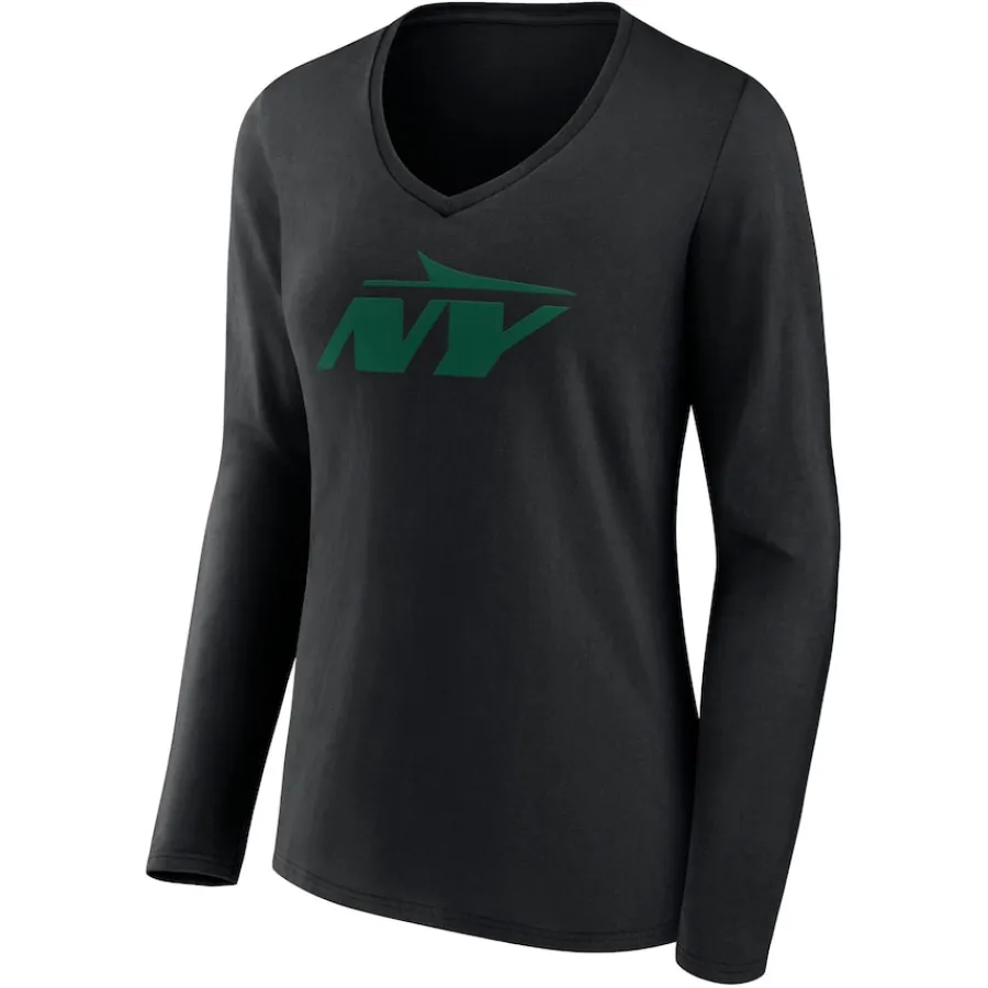 New York Jets Long Sleeved^Women's Black Secondary Logo Long Sleeve V-Neck T-Shirt