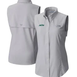 New York Jets Tank Tops^Women's Columbia Gray PFG Tamiami Omni-Shade Sleeveless Button-Up Shirt