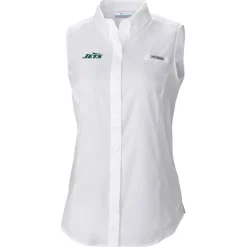 New York Jets Tank Tops^Women's Columbia White PFG Tamiami Omni-Shade Sleeveless Button-Up Shirt