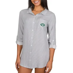 Women New York Jets Underwear & Sleepwear^Women's Concepts Sport Gray/White Melody Woven Button-Up Long Sleeve Nightshirt