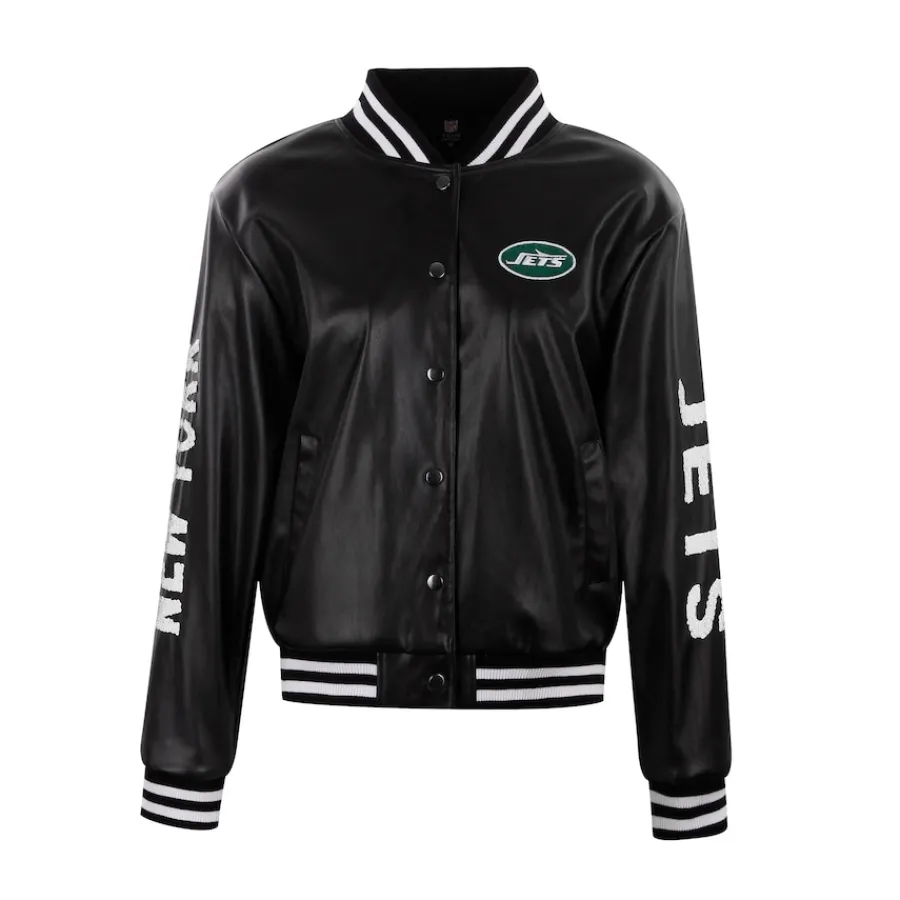 Women New York Jets Jackets^Women's Cuce Black Vegan Leather Full-Snap Jacket