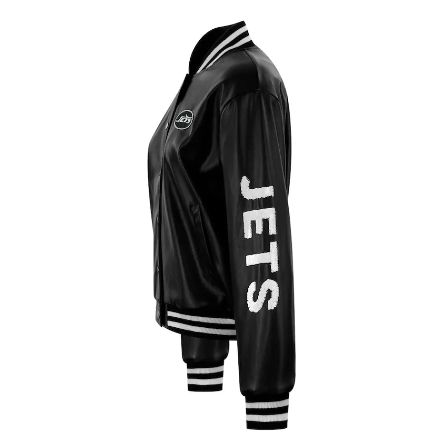 Women New York Jets Jackets^Women's Cuce Black Vegan Leather Full-Snap Jacket