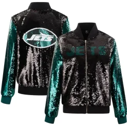 Women New York Jets Jackets^Women's Cuce Black/Green Two-Tone Sequin Full-Zip Jacket