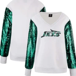 Women New York Jets Sweatshirts & Fleece | Women^Women's Cuce White Sequin Sleeve V-Neck Pullover Sweatshirt
