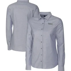 Women New York Jets Sweaters & Dress Shirts^Women's Cutter & Buck Charcoal Throwback Logo Oxford Stretch Long Sleeve Button-Up Shirt