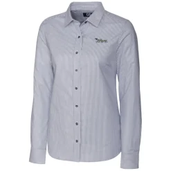 Women New York Jets Sweaters & Dress Shirts^Women's Cutter & Buck Charcoal Throwback Logo Stretch Oxford Stripe Long Sleeve Button-Up Shirt