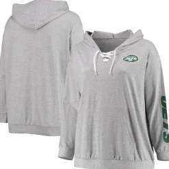 Women New York Jets Sweatshirts & Fleece | Women^Women's Fanatics Heathered Gray Plus Size Lace-Up Pullover Hoodie