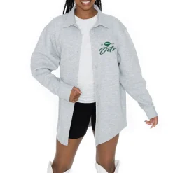 Women New York Jets Sweaters & Dress Shirts^Women's Gameday Couture Ash Full-Button Long Sleeve Overshirt