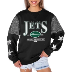 Women New York Jets Jackets | Sweatshirts & Fleece^Women's Gameday Couture Black Rhinestone Star Mesh Shoulder Fleece Pullover Sweatshirt