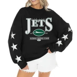Women New York Jets Jackets | Sweatshirts & Fleece^Women's Gameday Couture Black Rhinestone Star Sleeve Settle The Score Tri-Blend Pullover