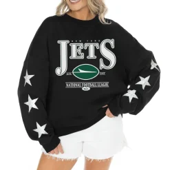 Women New York Jets Jackets | Sweatshirts & Fleece^Women's Gameday Couture Black Rhinestone Star Sleeve Settle The Score Tri-Blend Pullover