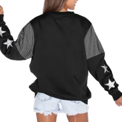 Women New York Jets Jackets | Sweatshirts & Fleece^Women's Gameday Couture Black Rhinestone Star Mesh Shoulder Fleece Pullover Sweatshirt