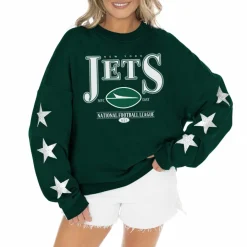 Women New York Jets Sweatshirts & Fleece | Women^Women's Gameday Couture Green Rhinestone Star Sleeve Settle The Score Tri-Blend Pullover Sweatshirt