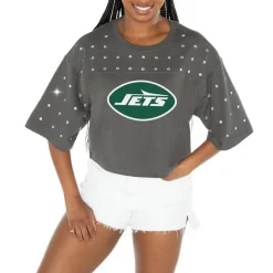 Women New York Jets T-Shirts | Women^Women's Gameday Couture Gray All-Over Rhinestone Cropped Oversized T-Shirt