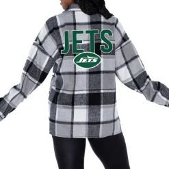 Women New York Jets Sweaters & Dress Shirts^Women's Gameday Couture Gray Fieldside Fun Plaid Button-Up Overshirt