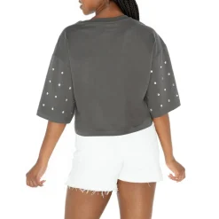 Women New York Jets T-Shirts | Women^Women's Gameday Couture Gray All-Over Rhinestone Cropped Oversized T-Shirt