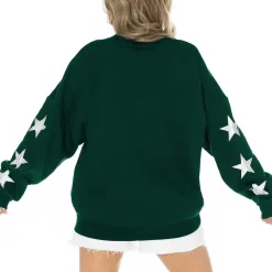Women New York Jets Sweatshirts & Fleece | Women^Women's Gameday Couture Green Rhinestone Star Sleeve Settle The Score Tri-Blend Pullover Sweatshirt