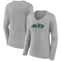New York Jets Long Sleeved^Women's Gray Primary Logo Long Sleeve V-Neck T-Shirt
