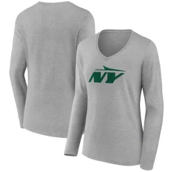 New York Jets Long Sleeved^Women's Gray Secondary Logo Long Sleeve V-Neck T-Shirt