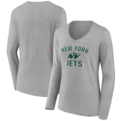 Women New York Jets T-Shirts | Women^Women's Gray Victory Arch Long Sleeve V-Neck T-Shirt