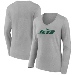 New York Jets Long Sleeved^Women's Gray Primary Logo Long Sleeve V-Neck T-Shirt