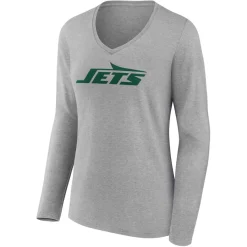 New York Jets Long Sleeved^Women's Gray Primary Logo Long Sleeve V-Neck T-Shirt
