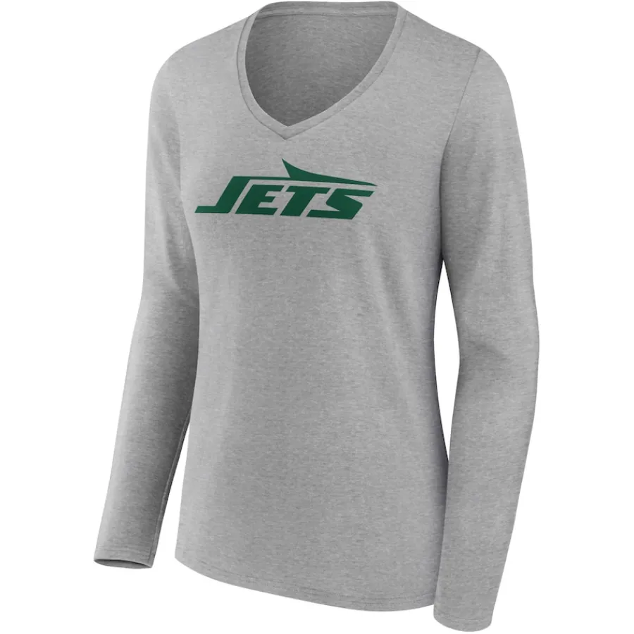 New York Jets Long Sleeved^Women's Gray Primary Logo Long Sleeve V-Neck T-Shirt