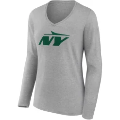 New York Jets Long Sleeved^Women's Gray Secondary Logo Long Sleeve V-Neck T-Shirt