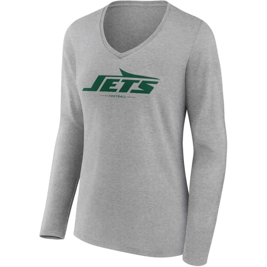 Women New York Jets T-Shirts | Women^Women's Heather Gray Logo Team Lockup Long Sleeve V-Neck T-Shirt
