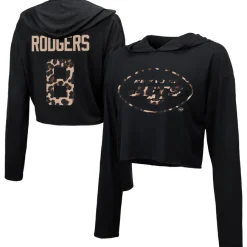 Women New York Jets Sweatshirts & Fleece | Women^Women's Majestic Threads Aaron Rodgers Black Leopard Player Name & Number Long Sleeve Cropped Hoodie
