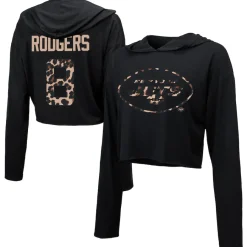 Women New York Jets Sweatshirts & Fleece | Women^Women's Majestic Threads Aaron Rodgers Black Leopard Player Name & Number Long Sleeve Cropped Hoodie