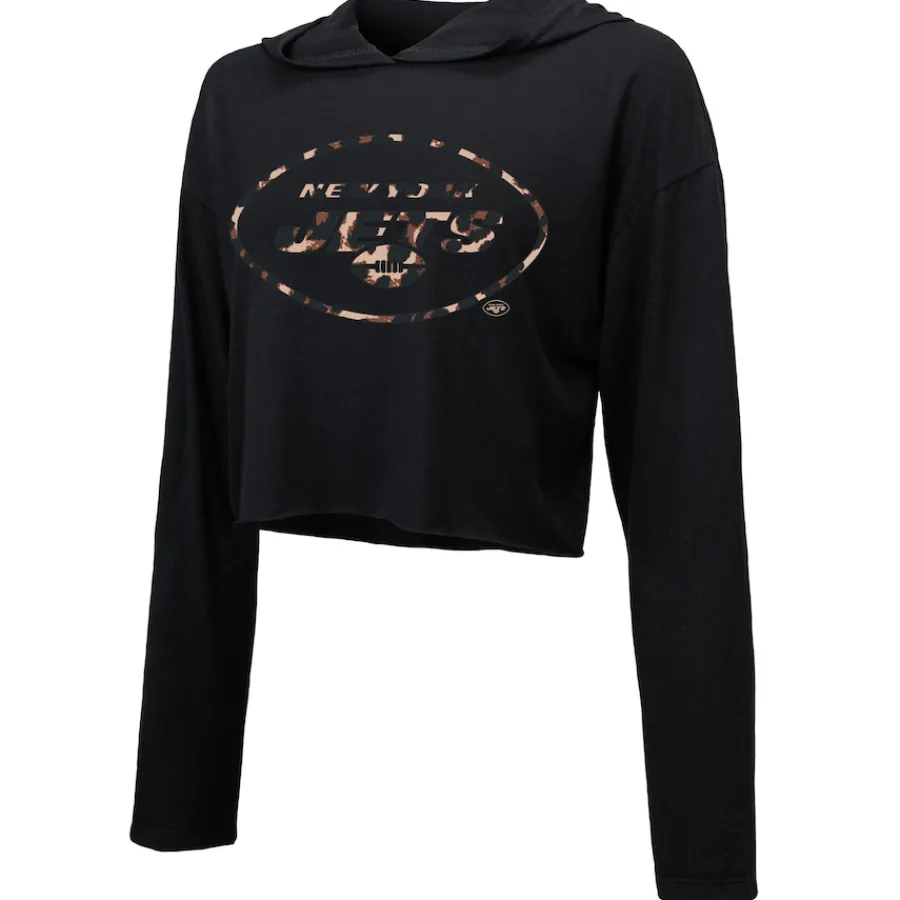 Women New York Jets Sweatshirts & Fleece | Women^Women's Majestic Threads Aaron Rodgers Black Leopard Player Name & Number Long Sleeve Cropped Hoodie