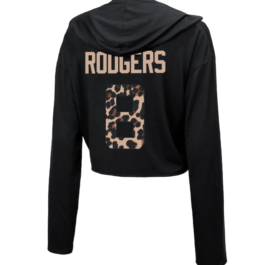 Women New York Jets Sweatshirts & Fleece | Women^Women's Majestic Threads Aaron Rodgers Black Leopard Player Name & Number Long Sleeve Cropped Hoodie