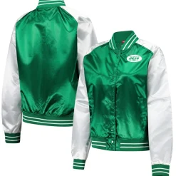 Women New York Jets Jackets^Women's Mitchell & Ness Green Team 2.0 Satin Raglan Full-Snap Jacket