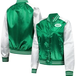 Women New York Jets Jackets^Women's Mitchell & Ness Green Team 2.0 Satin Raglan Full-Snap Jacket