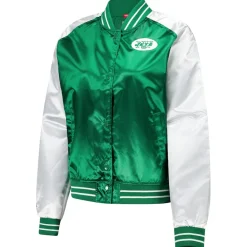 Women New York Jets Jackets^Women's Mitchell & Ness Green Team 2.0 Satin Raglan Full-Snap Jacket