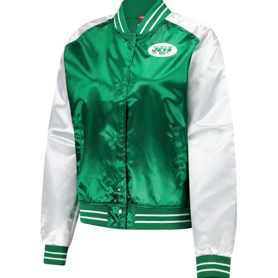 Women New York Jets Jackets^Women's Mitchell & Ness Green Team 2.0 Satin Raglan Full-Snap Jacket