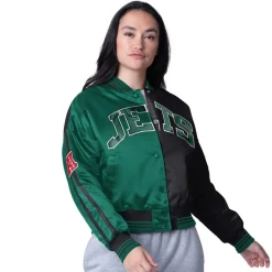 Women New York Jets Jackets^Women's Starter Green/Black Zone Blitz Cropped Full-Snap Satin Jacket