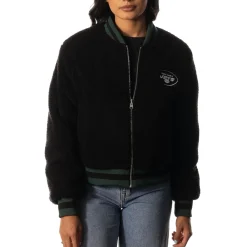 Women New York Jets Jackets^Women's The Wild Collective Green/Black Reversible Sherpa Full-Zip Bomber Jacket