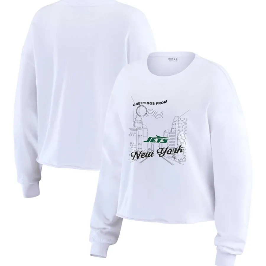 New York Jets Long Sleeved^Women's WEAR By Erin Andrews White Postcard Cropped Long Sleeve Top