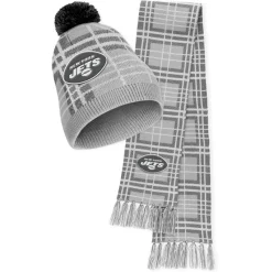 Women New York Jets Hats | Women^Women's WEAR By Erin Andrews Plaid Knit Hat With Pom & Scarf Set