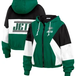 Women New York Jets Jackets^Women's WEAR By Erin Andrews Green/Black Plus Size Color Block Full-Zip Windbreaker Jacket