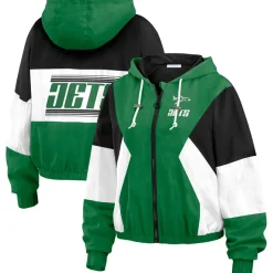 Women New York Jets Jackets^Women's WEAR By Erin Andrews Kelly Green/Black Color Block Full-Zip Windbreaker Jacket