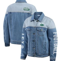 Women New York Jets Jackets^Women's WEAR By Erin Andrews Full-Button Denim Jacket