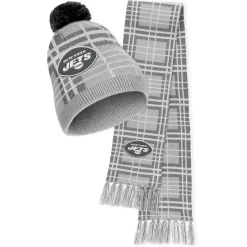 Women New York Jets Hats | Women^Women's WEAR By Erin Andrews Plaid Knit Hat With Pom & Scarf Set